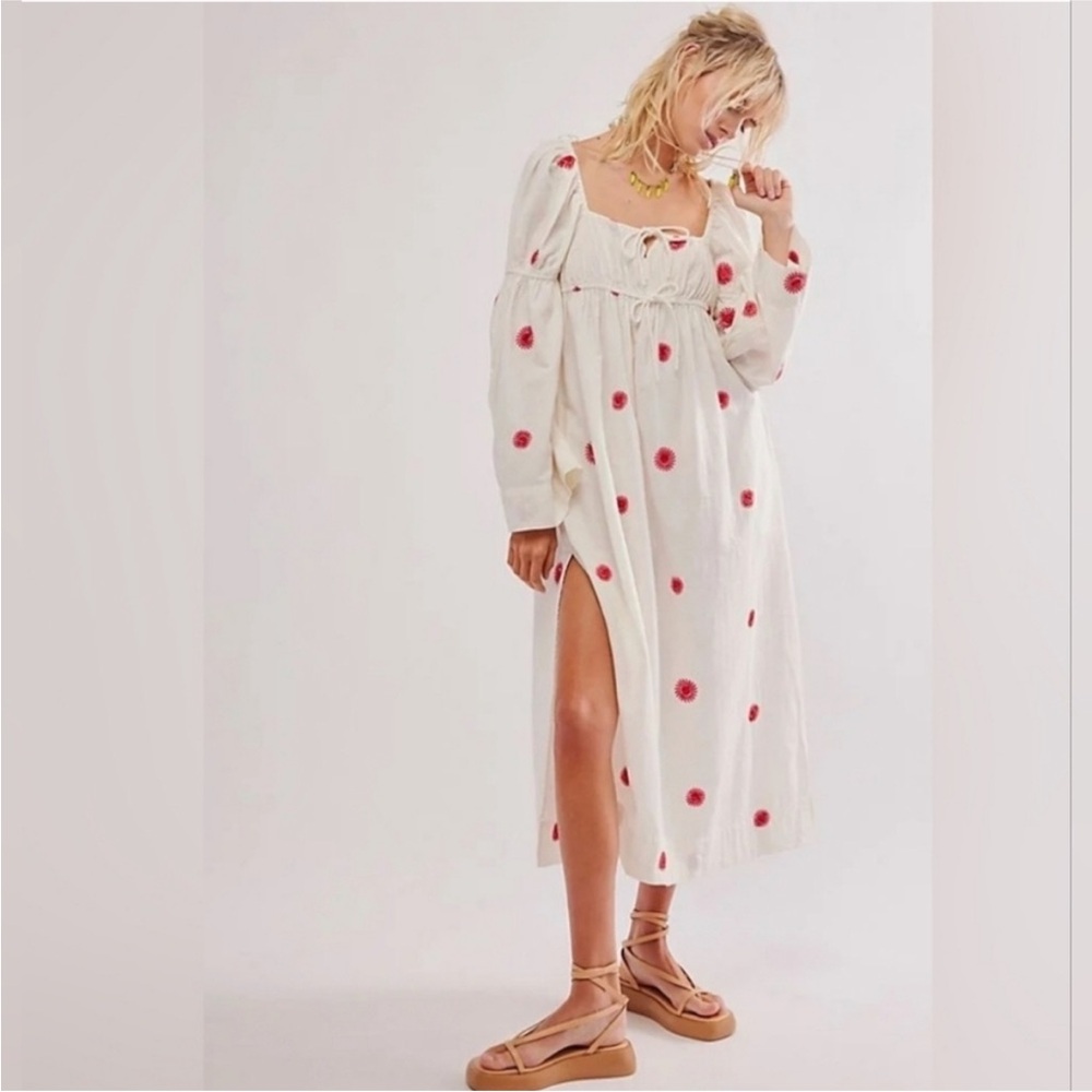 Free People Emory Embroidered Midi Dress‎ Ivory White Red Resort Beach NWT Small - Picture 6 of 10